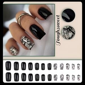 🆕$8 OR 2 FOR $12~BLACK & SILVER METEORITE 24 DESIGNER MEDIUM PRESS ON NAILS